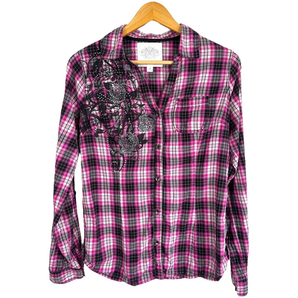 Chic Pink and Black Plaid Blouse with Embroidery